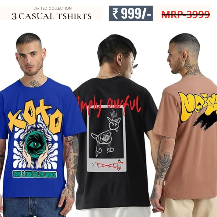 Oversized Baggy Fit Cotton Printed T-Shirts for Men – Pack of 3 Multicolor