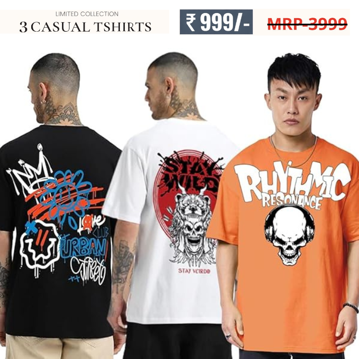 Oversized Baggy Fit Cotton Printed T-Shirts for Men – Pack of 3 Multicolor