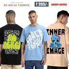 Oversized Baggy Fit Cotton Printed T-Shirts for Men – Pack of 3 Multicolor