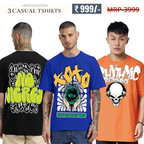 Oversized Baggy Fit Cotton Printed T-Shirts for Men – Pack of 3 Multicolor