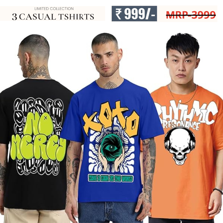 Oversized Baggy Fit Cotton Printed T-Shirts for Men – Pack of 3 Multicolor