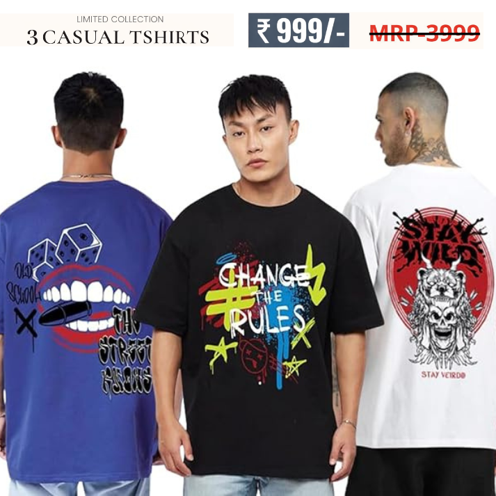 Oversized Baggy Fit Cotton Printed T-Shirts for Men – Pack of 3 Multicolor