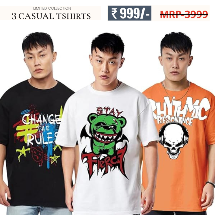 Oversized Baggy Fit Cotton Printed T-Shirts for Men – Pack of 3 Multicolor