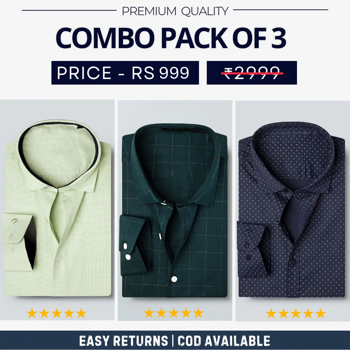 Combo Pack of 3 Men’s Formal Shirts – Stylish & Versatile Collection