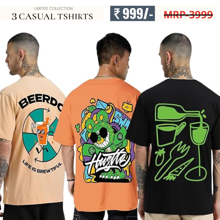 Oversized Baggy Fit Cotton Printed T-Shirts for Men – Pack of 3 Multicolor