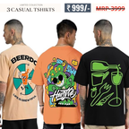 Oversized Baggy Fit Cotton Printed T-Shirts for Men – Pack of 3 Multicolor