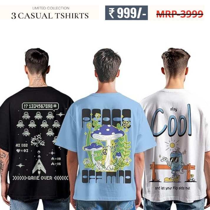 Oversized Baggy Fit Cotton Printed T-Shirts for Men – Pack of 3 Multicolor
