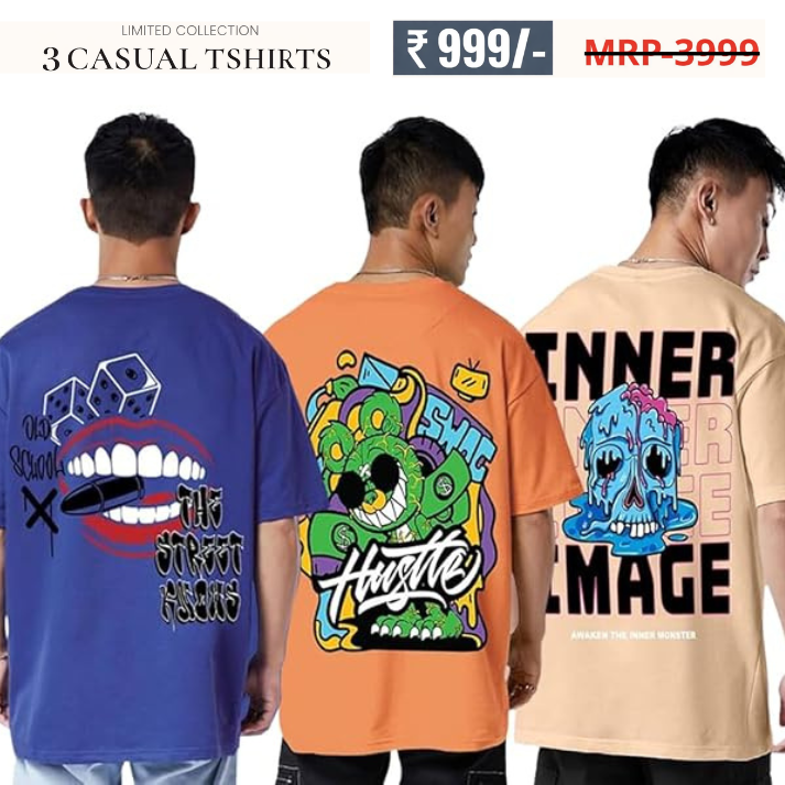 Oversized Baggy Fit Cotton Printed T-Shirts for Men – Pack of 3 Multicolor