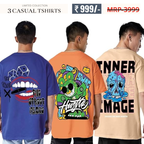 Oversized Baggy Fit Cotton Printed T-Shirts for Men – Pack of 3 Multicolor