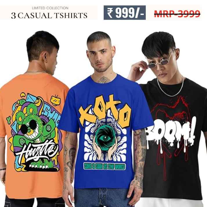 Oversized Baggy Fit Cotton Printed T-Shirts for Men – Pack of 3 Multicolor