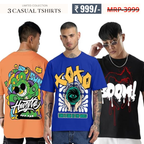 Oversized Baggy Fit Cotton Printed T-Shirts for Men – Pack of 3 Multicolor