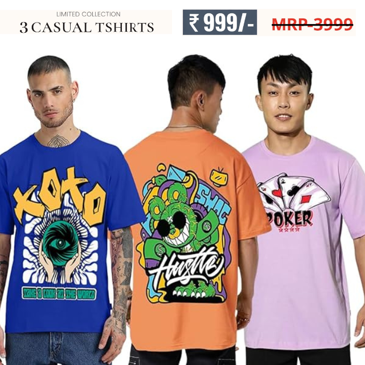 Oversized Baggy Fit Cotton Printed T-Shirts for Men – Pack of 3 Multicolor