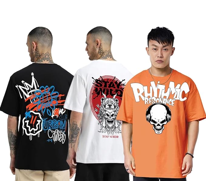 Oversized Baggy Fit Cotton Printed T-Shirts for Men – Pack of 3 Multicolor