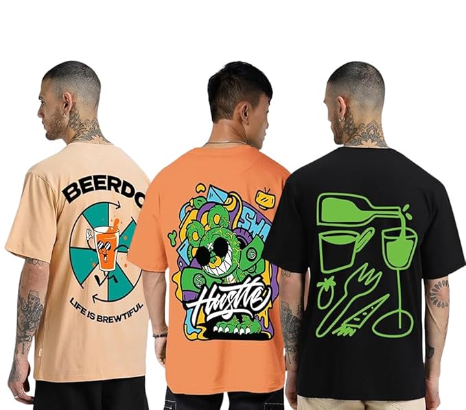 Oversized Baggy Fit Cotton Printed T-Shirts for Men – Pack of 3 Multicolor