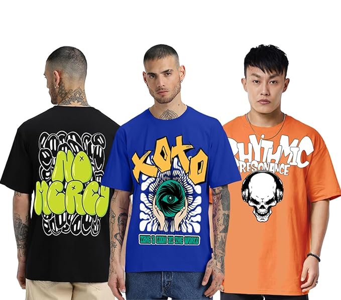 Oversized Baggy Fit Cotton Printed T-Shirts for Men – Pack of 3 Multicolor