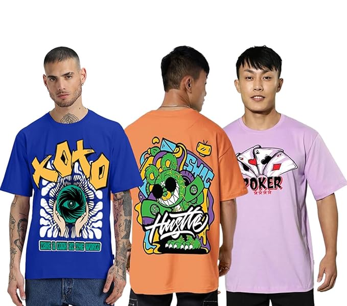 Oversized Baggy Fit Cotton Printed T-Shirts for Men – Pack of 3 Multicolor