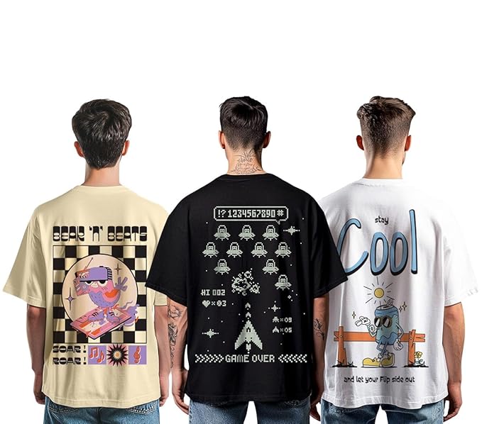 Oversized Baggy Fit Cotton Printed T-Shirts for Men – Pack of 3 Multicolor