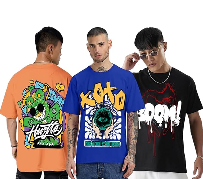 Oversized Baggy Fit Cotton Printed T-Shirts for Men – Pack of 3 Multicolor