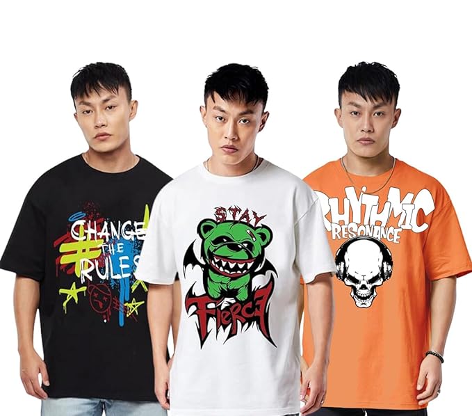 Oversized Baggy Fit Cotton Printed T-Shirts for Men – Pack of 3 Multicolor