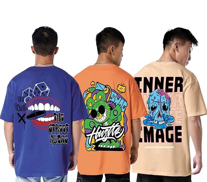 Oversized Baggy Fit Cotton Printed T-Shirts for Men – Pack of 3 Multicolor