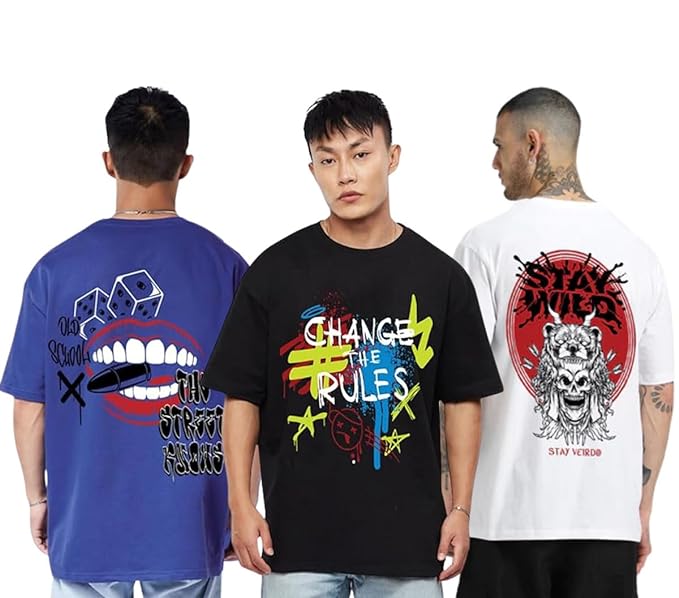 Oversized Baggy Fit Cotton Printed T-Shirts for Men – Pack of 3 Multicolor