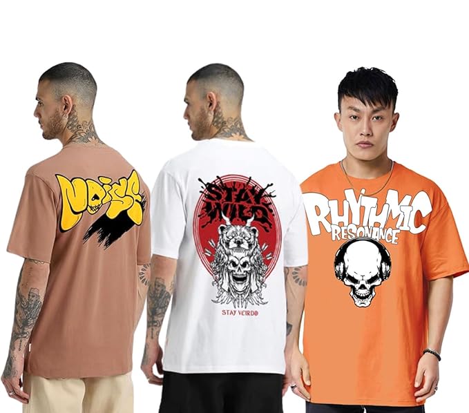 Oversized Baggy Fit Cotton Printed T-Shirts for Men – Pack of 3 Multicolor