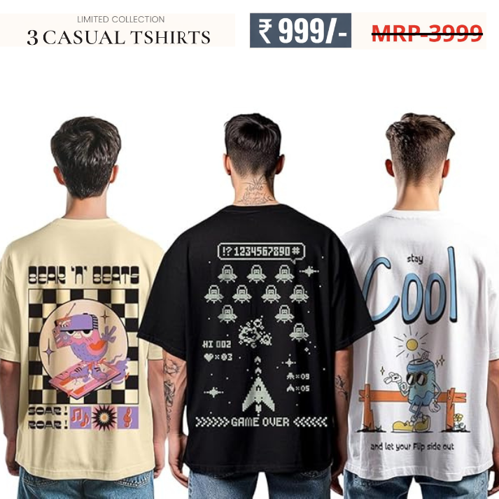 Oversized Baggy Fit Cotton Printed T-Shirts for Men – Pack of 3 Multicolor