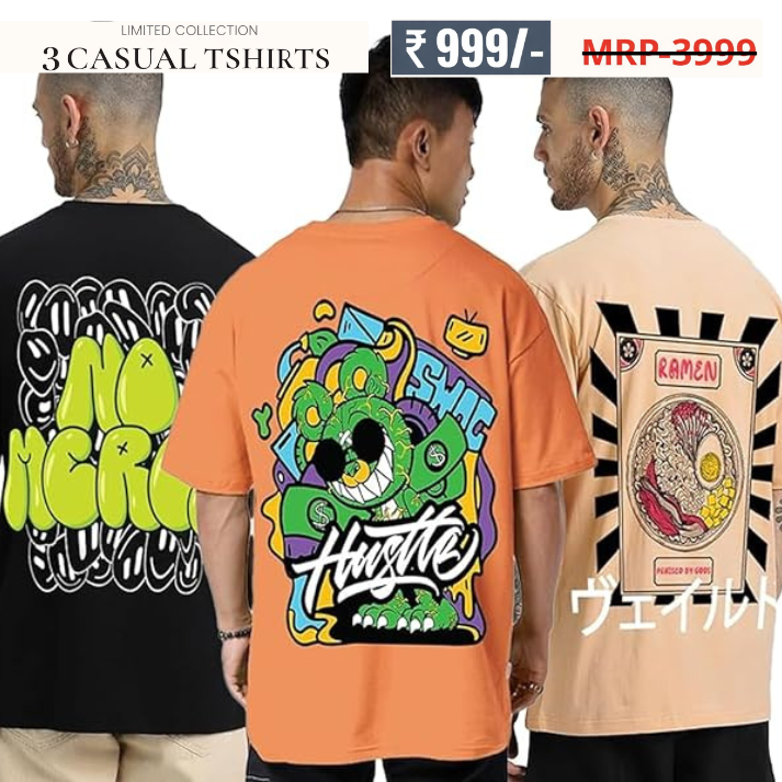 Oversized Baggy Fit Cotton Printed T-Shirts for Men – Pack of 3 Multicolor