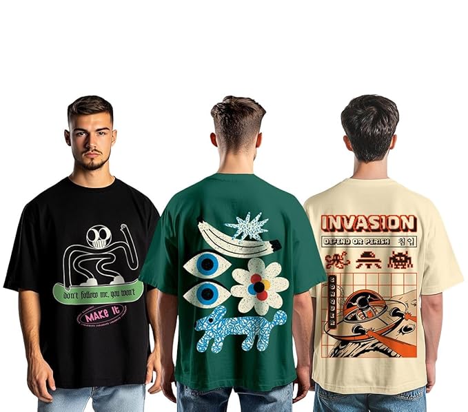 Oversized Baggy Fit Cotton Printed T-Shirts for Men – Pack of 3 Multicolor