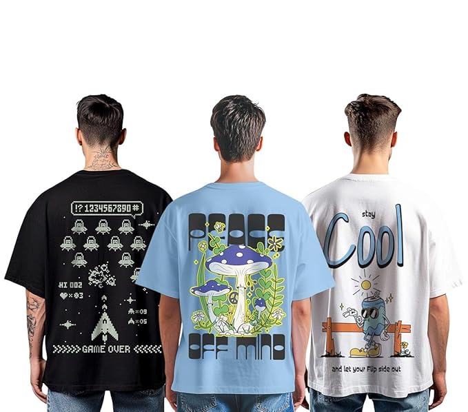 Oversized Baggy Fit Cotton Printed T-Shirts for Men – Pack of 3 Multicolor