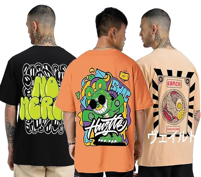 Oversized Baggy Fit Cotton Printed T-Shirts for Men – Pack of 3 Multicolor