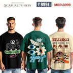 Oversized Baggy Fit Cotton Printed T-Shirts for Men – Pack of 3 Multicolor