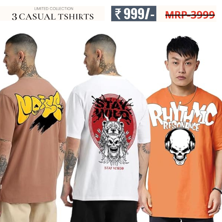 Oversized Baggy Fit Cotton Printed T-Shirts for Men – Pack of 3 Multicolor